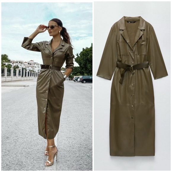 ZARA - Faux Leather Maxi Shirt Dress w Belt - Picture 1 of 16